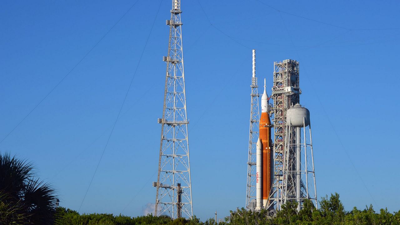 NASA officials have replaced two seals of the fuel lines running from the mobile launcher into the Space Launch System rocket. The space agency plans to conduct a fueling test on the repairs on Wednesday, Sept. 21. (File photo of Artemis I's Space Launch System rocket)