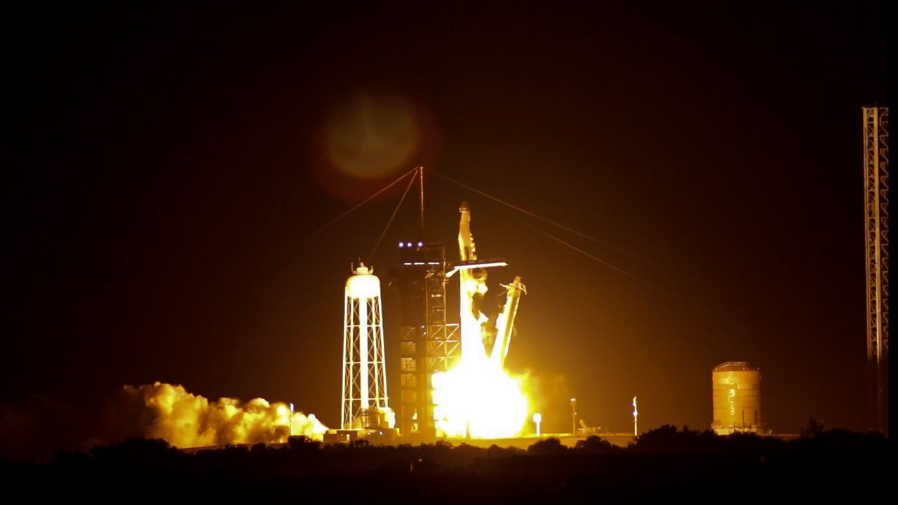 SpaceX's Falcon 9 rocket and Dragon capsule lifted off from Launch Complex 39A at the Kennedy Space Center on Tuesday, Sept. 10, 2024, as the all-civilian Polaris Dawn crew goes on a five-day orbit around Earth. (Spectrum News/Anthony Leone) 