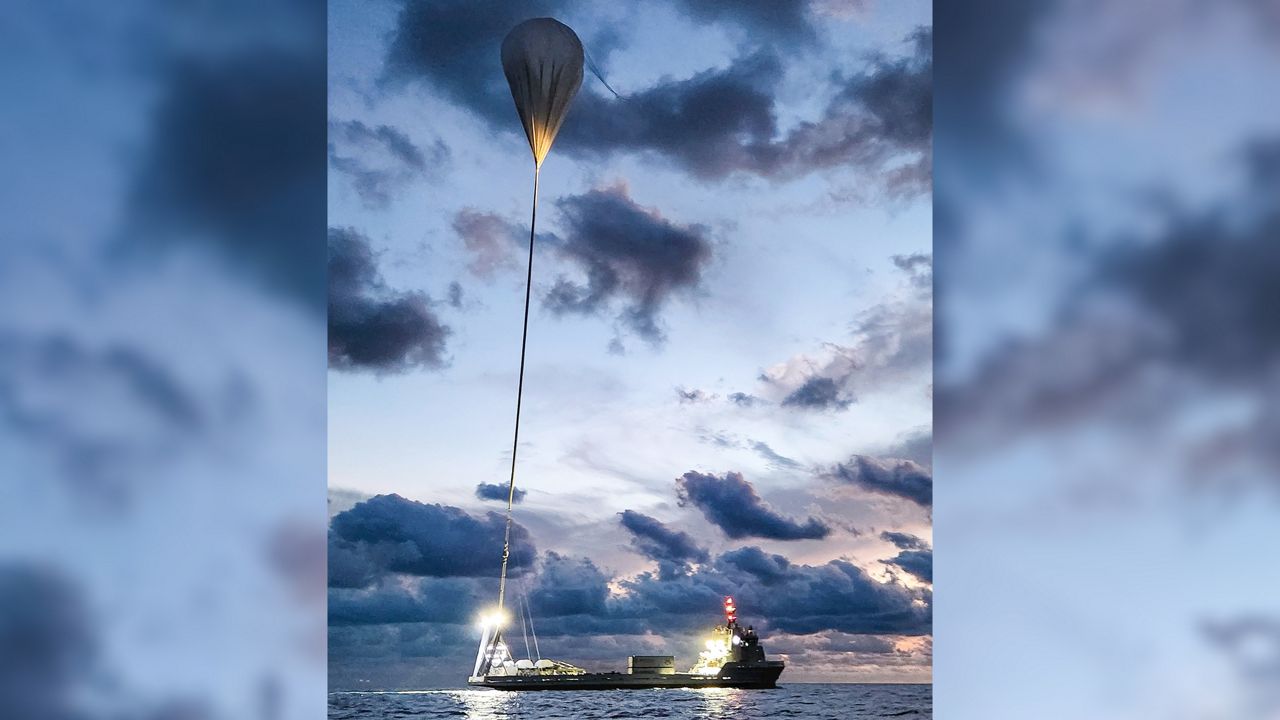 Space Perspective tests out its space balloon as its attached to the company's Marine Spaceport Voyager ship. (Space Perspective)