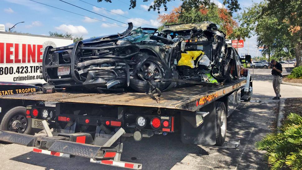 Florida Highway Patrol trooper Tracy Vickers' patrol car was severely damaged during the crash on State Road 408 on Friday, September 27, 2019. (Asher Wildman/Spectrum News 13)