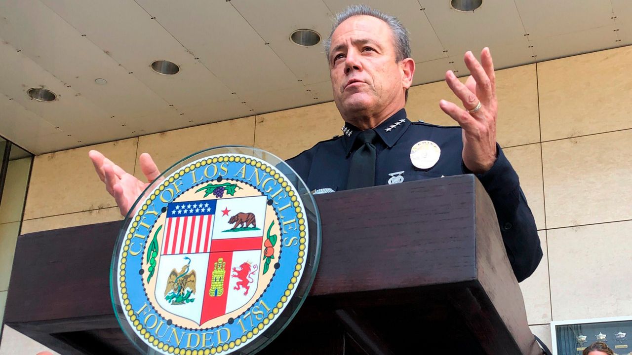 Los Angeles Police Chief Michel Moore talks during a news conference on Wednesday, Aug. 26, 2020. (AP Photo/Stefanie Dazio)