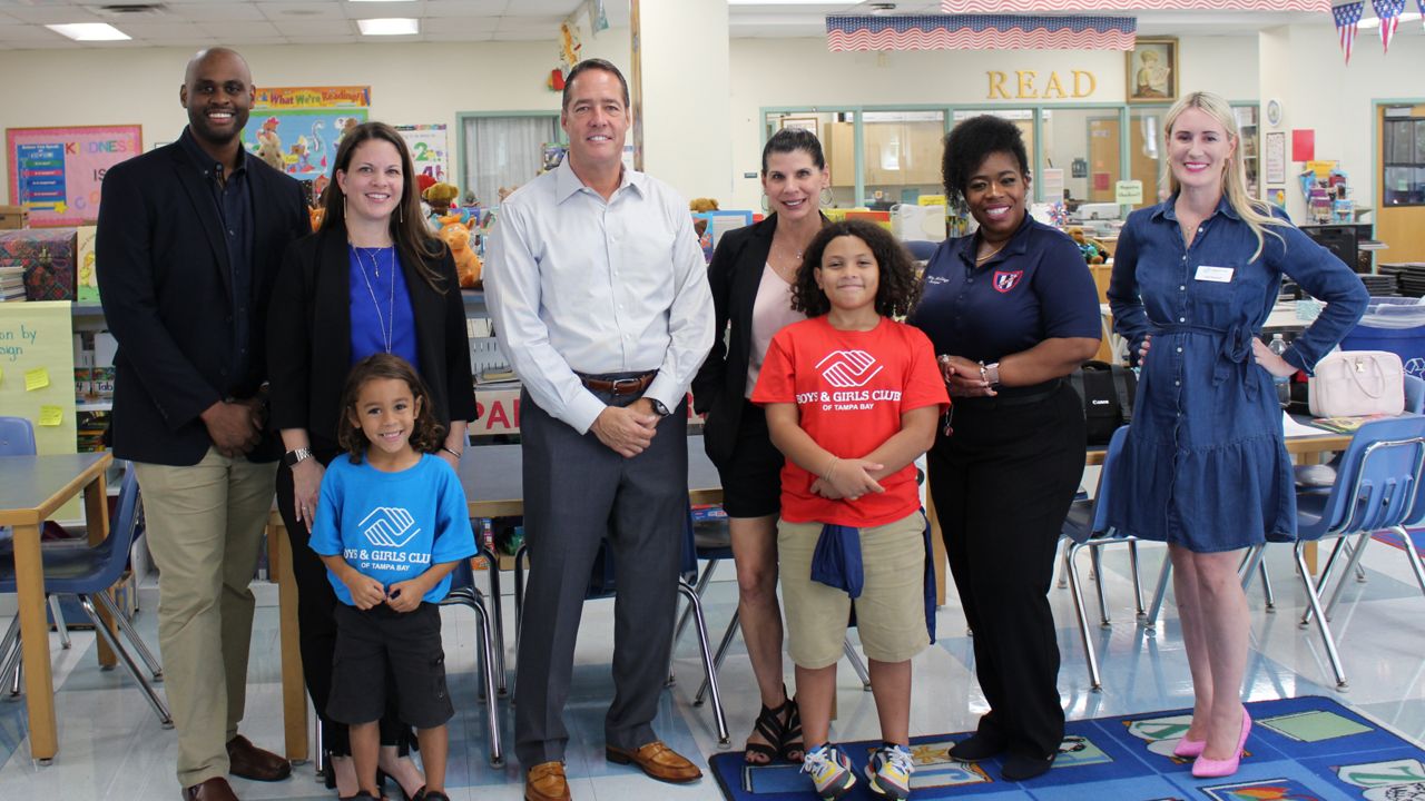 The announcement was made official on Wednesday, August 31st at DeSoto Elementary School. Pictured from L to R: Children’s Board of Hillsborough County Director of Public Relations Dexter Lewis, Principal of DeSoto Elementary School Emily Tirelli, Boys & Girls Clubs of Tampa Bay Club Kid Koa Biandudi, Boys & Girls Clubs of Tampa Bay CEO & President Terry Carter, Just Elementary School Principal Daphne Fourqurean, Boys & Girls Clubs of Tampa Bay Club Kid Joel Cohon, Excelsior Prep Charter School Principal Stephanie Mullins, Boys & Girls Clubs of Tampa Bay Manager of Marketing and Community Engagement Kelli Biandudi