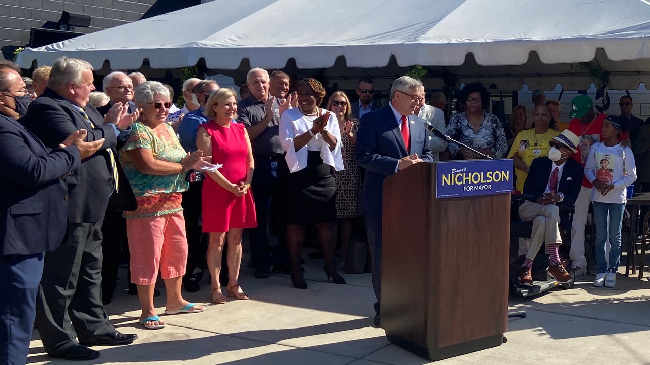 Jefferson Circuit Court Clerk David Nicholson made his case to be Louisville's next mayor at Colonial Gardens. (Spectrum News 1 KY/Adam K. Raymond)