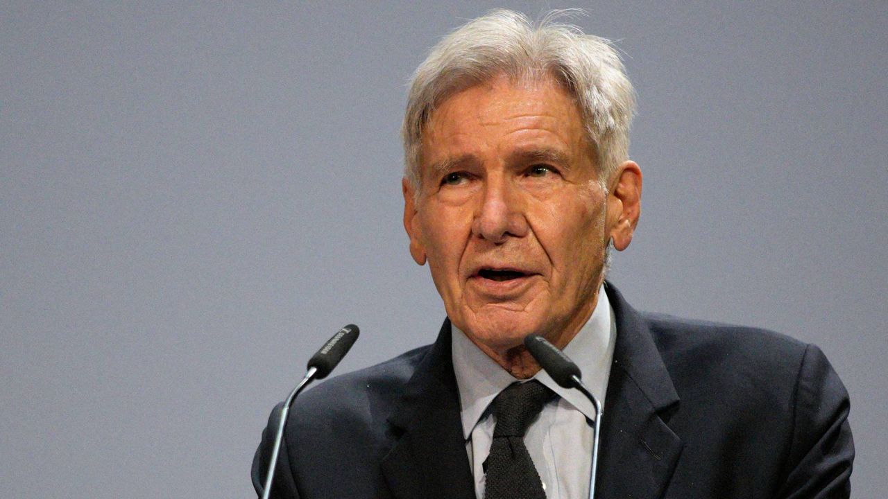Harrison Ford delivers his speech during the IUCN World Conservation Congress, in Marseille, southern France, Sept. 3, 2021. (AP Photo/Daniel Cole)