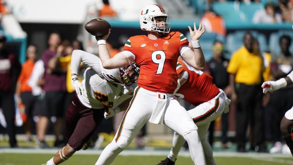 Miami quarterback Tyler Van Dyke (9) stands back to pass during the first half of an NCAA college football game against Bethune Cookman, Saturday, Sept. 3, 2022, in Miami Gardens, Fla. (AP Photo/Lynne Sladky)