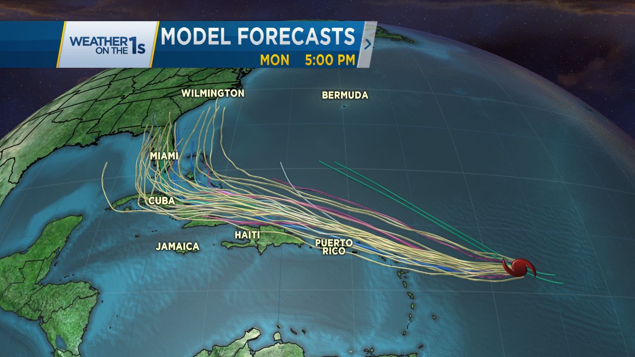 Computer model forecasts for the possible track of Hurricane Irma over the seven days.