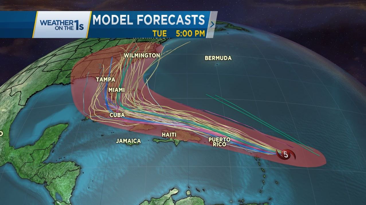 Computer model forecast tracks for Hurricane Irma through early next week.