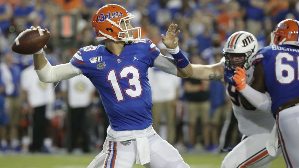 Florida quarterback Feleipe Franks (13) throws a 69-yard touchdown pass to receiver Van Jefferson during the first half of an NCAA college football game against UT Martin, Saturday, Sept. 7, 2019, in Gainesville, Fla. (AP Photo/John Raoux)