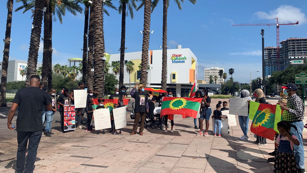Protesters gathered Monday morning in Tampa to bring awareness to human rights abuses in Ethiopia. (Adria Iraheta/Spectrum Bay News 9)