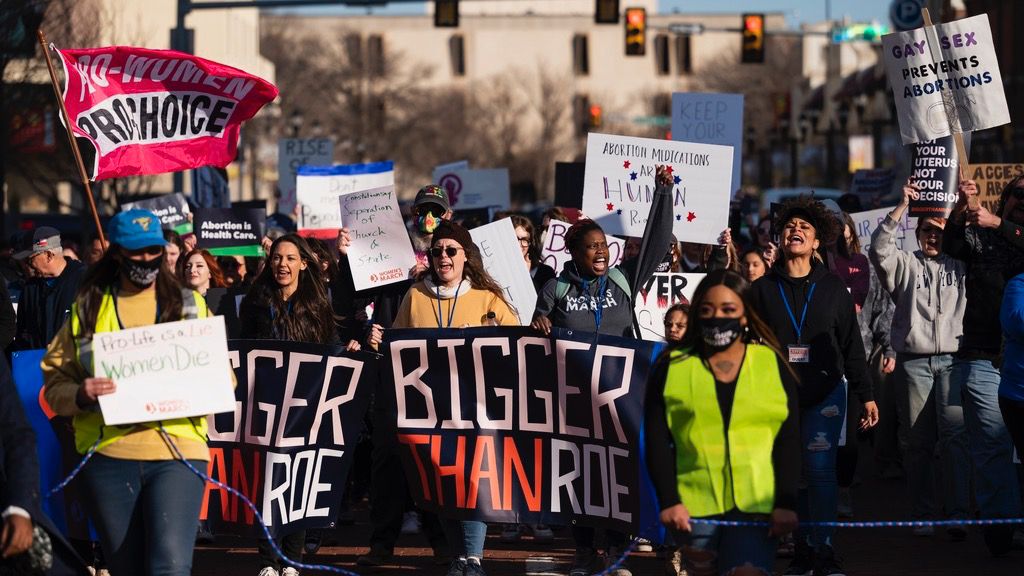 People march through downtown Amarillo to protest a lawsuit to ban the abortion drug mifepristone Saturday, Feb. 11, 2023, in Amarillo, Texas. (AP Photo/Justin Rex, File)