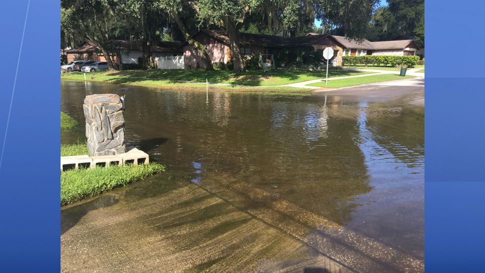 Some portions of streets in the Mead Lake neighborhood are filled with water and residents on Timber Pond Drive have flooded backyards. (Jorja Roman, staff)