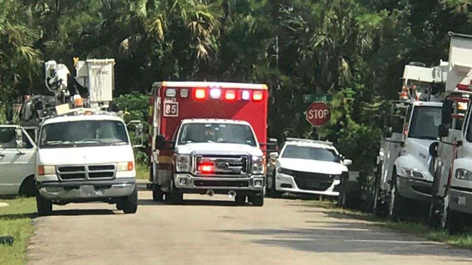 First responders transport a bucket-truck worker who was shocked by a live line in Palm Bay on Friday. (Greg Pallone, staff)