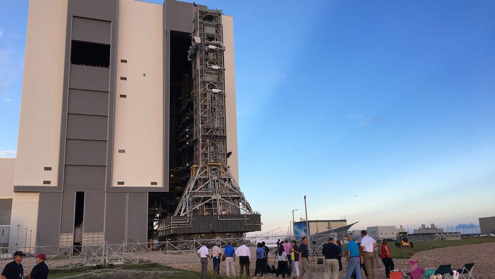 NASA's mobile launcher is moved to the Vehicle Assembly Building at Kennedy Space Center Saturday, Sept. 8. (Krystel Knowles, Staff)