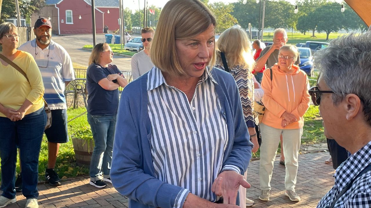 Democratic U.S. Senate candidate Trudy Busch Valentine talks to voters in St. Charles ahead of a bus tour in Northern Missouri Thursday. (Spectrum News/Gregg Palermo)