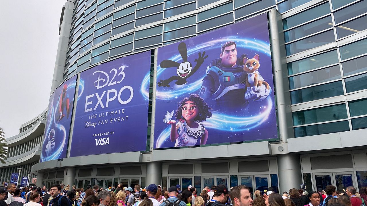 The D23 Expo sign in front of the Anaheim Convention Center on Sept. 9, 2022. (Spectrum News/Ashley Carter)