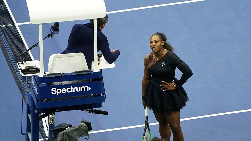 Serena Williams argues with the chair umpire during a match against Naomi Osaka, of Japan, during the women's finals of the U.S. Open tennis tournament, Saturday, Sept. 8, 2018, in New York. (Greg Allen, AP)