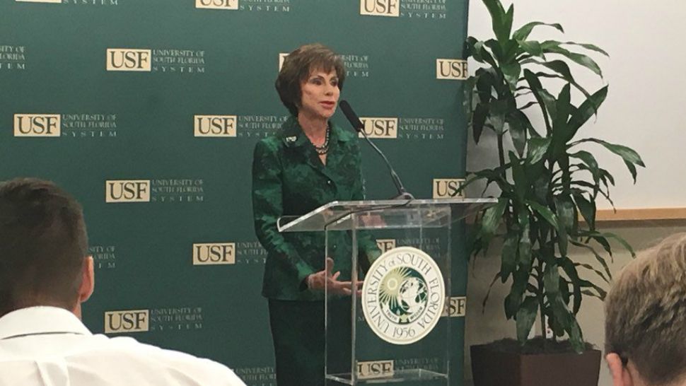 University of South Florida President Judy Genshaft announces Monday, Sept. 10, 2018, that she will step down next year. (Cait McVey, Spectrum Bay News 9)