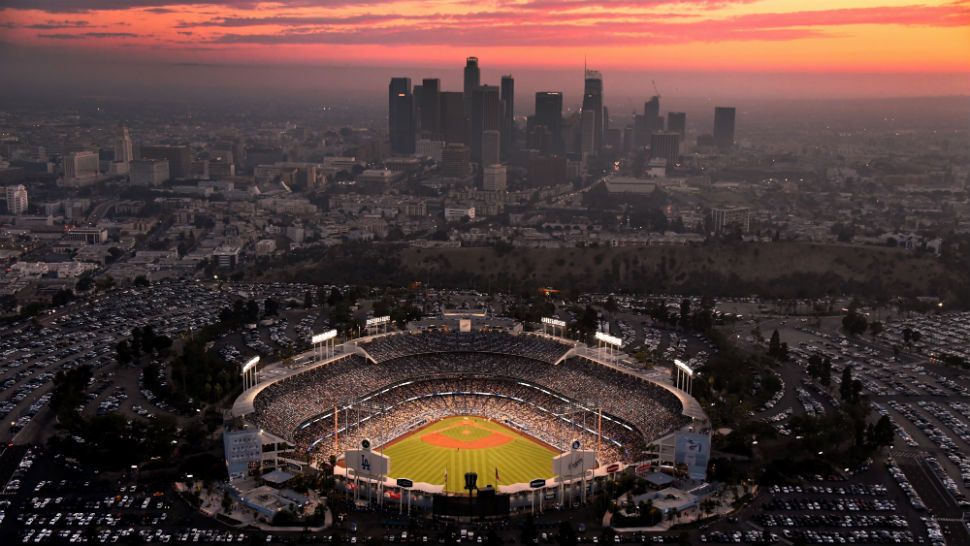 FILE - This Oct. 3, 1995 file photo is an aerial view of Dodger