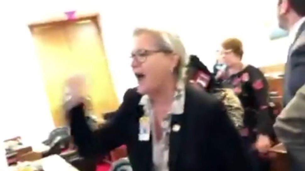 Democratic Rep. Deb Butler shouts in anger during a surprise vote in the state House to override Gov. Roy Cooper's budget veto. Only 9 Democrats were present, saying they were told no votes would be taken. (Screen capture of Rep. John Autry Facebook video)