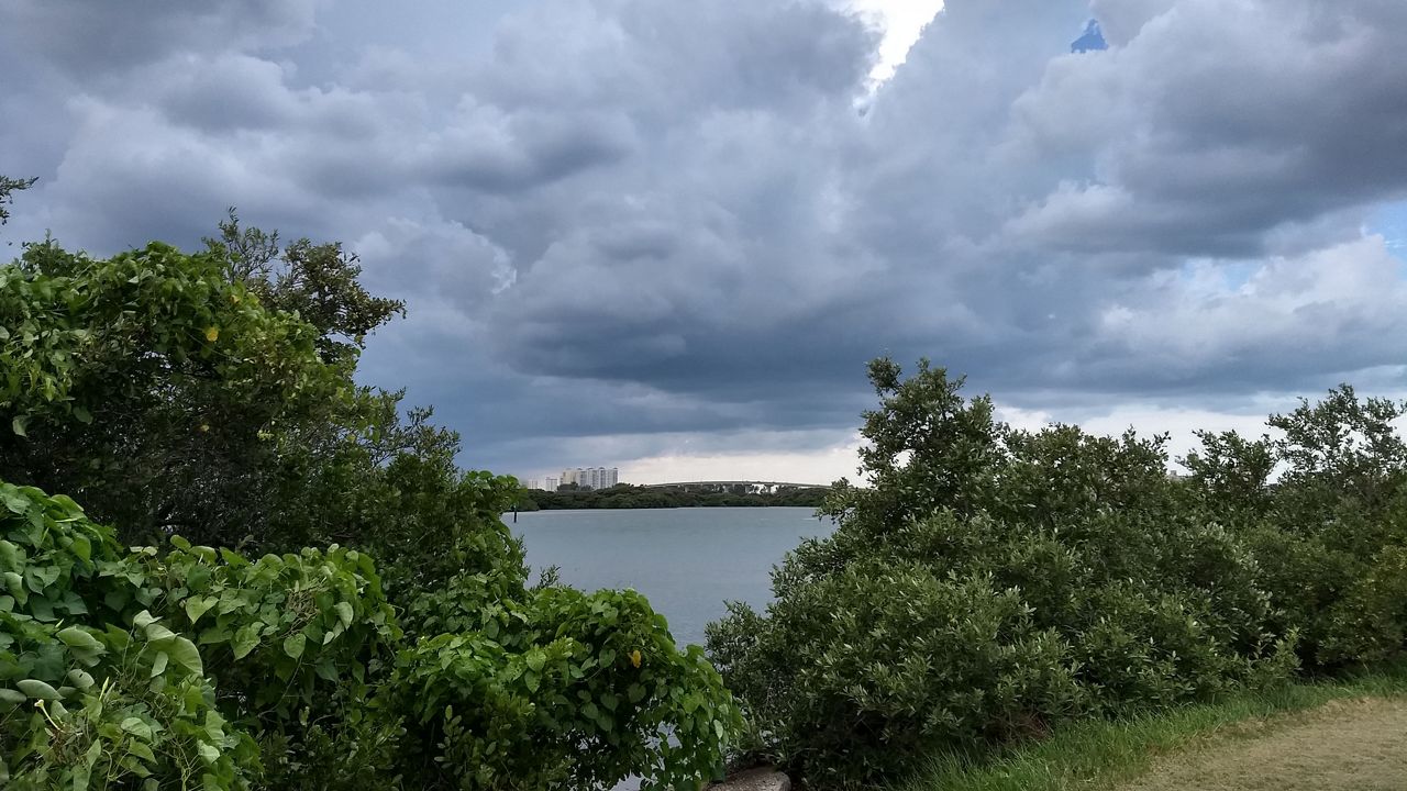 Afternoon storm clouds moving in over Memorial Causeway in Clearwater. (Courtesy of viewer Debbie G via our Spectrum Bay News 9 app)