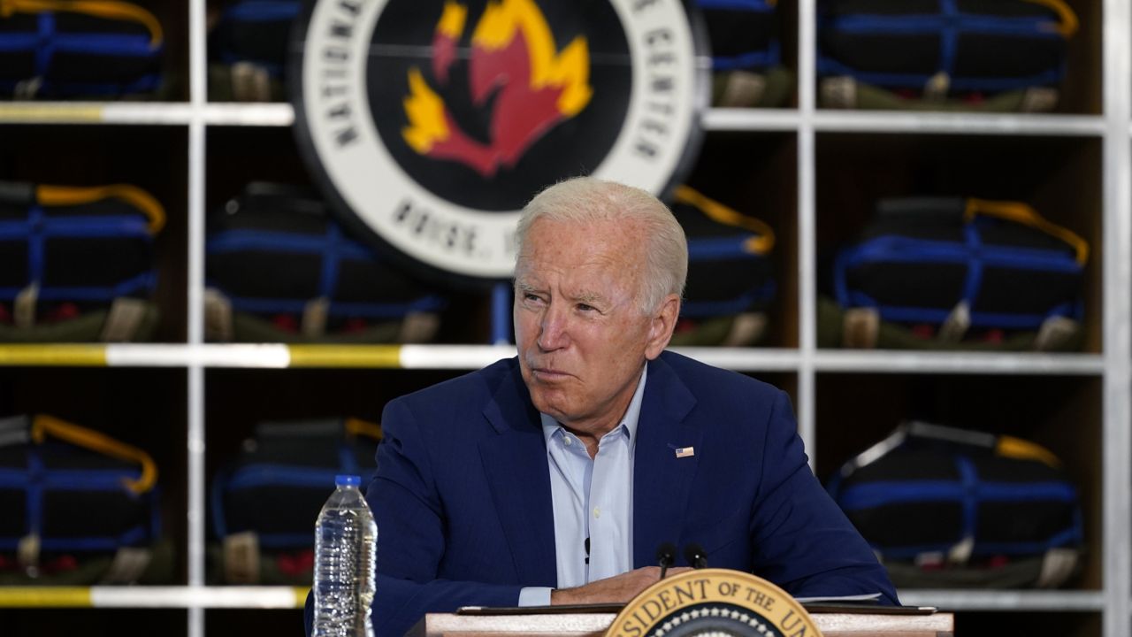 President Joe Biden speaks during a visit to the National Interagency Fire Center, Monday, Sept. 13, 2021, in Boise, Idaho. (AP Photo/Evan Vucci)