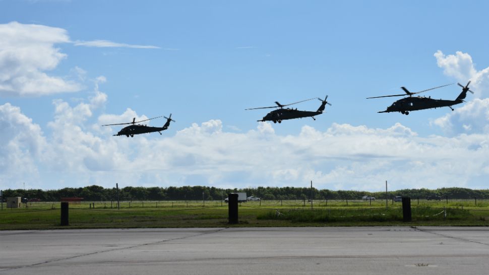 Pave Hawk helicopters from the 920th Rescue Wing at Patrick Air Force Base take off for Moody Air Force Base in Georgia on Wednesday. (Kelly Goonan, U.S. Air Force)