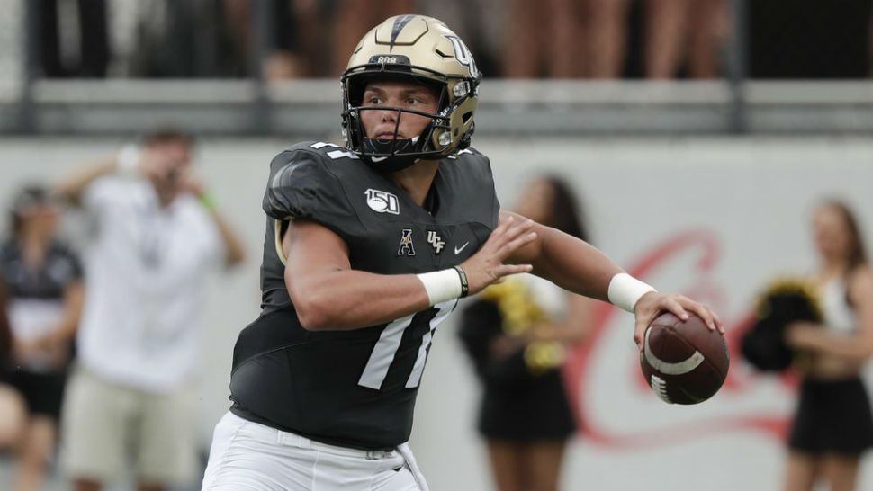 Central Florida quarterback Dillon Gabriel throws a pass against Stanford during the first half of an NCAA college football game, Saturday, Sept. 14, 2019, in Orlando, Fla. (AP Photo/John Raoux)