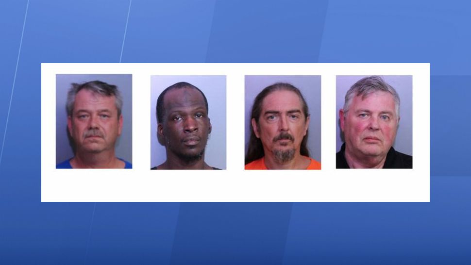 Edward Eastman (far left), Sylvester Johnson Jr. (middle left), Kevin Campbell (middle right), and Philip Cook (far right) were arrested for sex related crimes inside Saddle Creek Park during an undercover operation by the Polk County Sheriff's Office. (Polk County Sheriff's Office)