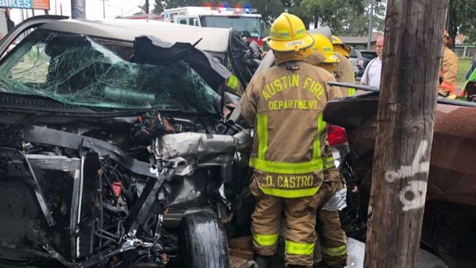 Austin firefighters and ATCEMS on the scene of a crash in central Austin. (Courtesy: Twitter @AustinFireInfo)