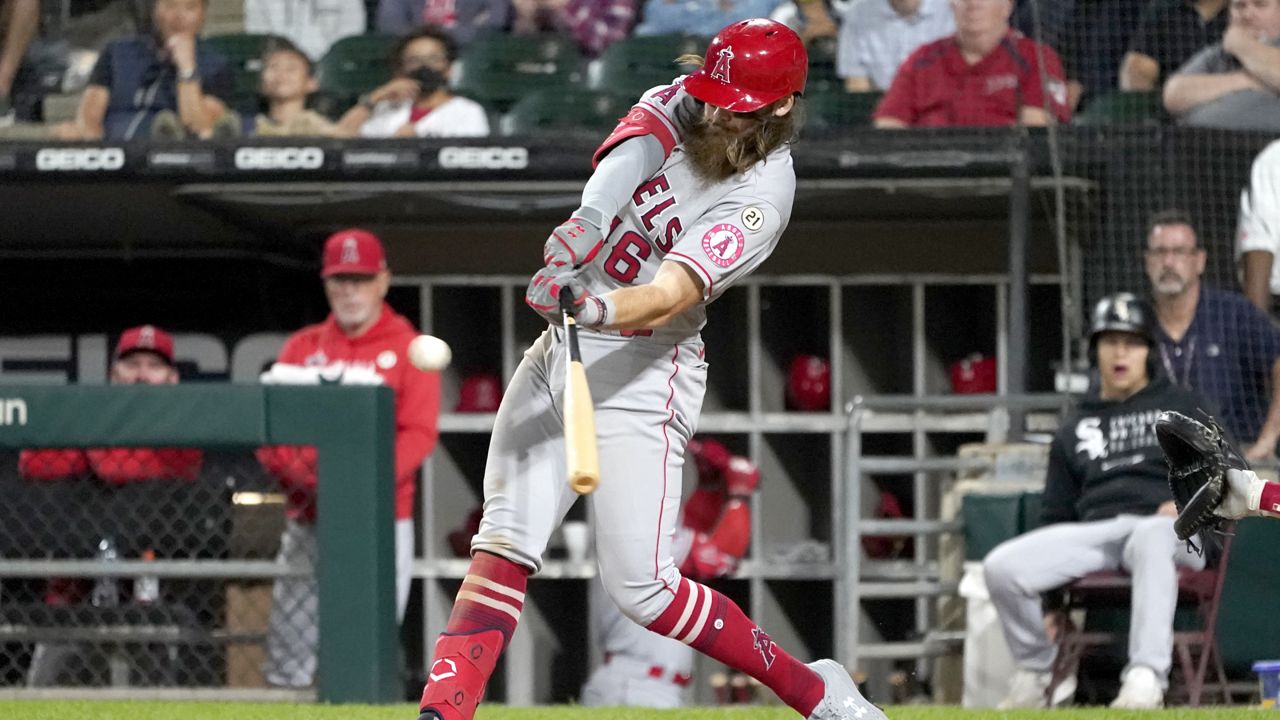 Los Angeles Angels' Brandon Marsh hits a home run off Chicago White Sox relief pitcher Michael Kopech during the eighth inning of a baseball game Wednesday, Sept. 15, 2021, in Chicago. (AP Photo/Charles Rex Arbogast)