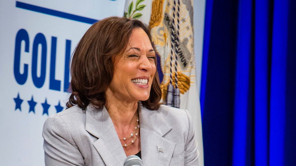 Vice President Kamala Harris laughs as she speaks at Hampton University on Thursday, Sept. 14, 2023, in Hampton, Va. (AP Photo/John C. Clark)