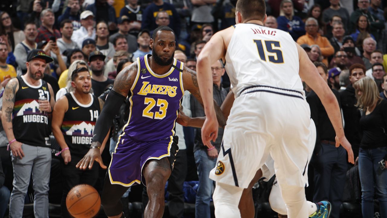 Los Angeles Lakers forward LeBron James (23) in the first half of an NBA basketball game Wednesday, Feb. 12, 2020, in Denver. (AP Photo/David Zalubowski)
