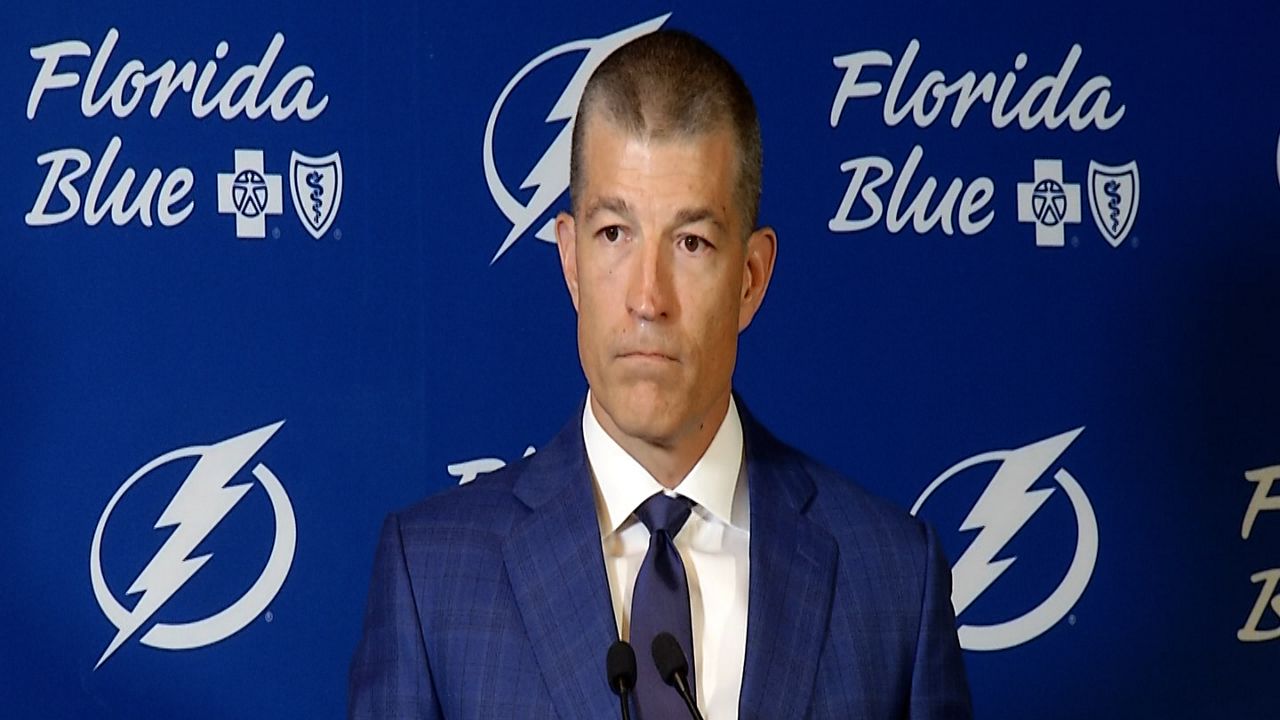 Lightning GM Julien BriseBois speaks to reporters on Wednesday. (Spectrum Sports 360/Mike Carins)