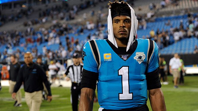 Carolina Panthers quarterback Cam Newton (1) walks off the field following the Panthers 20-14 loss to the Tampa Bay Buccaneers following an NFL football game in Charlotte, N.C., Friday, Sept. 13, 2019. (AP Photo/Mike McCarn)