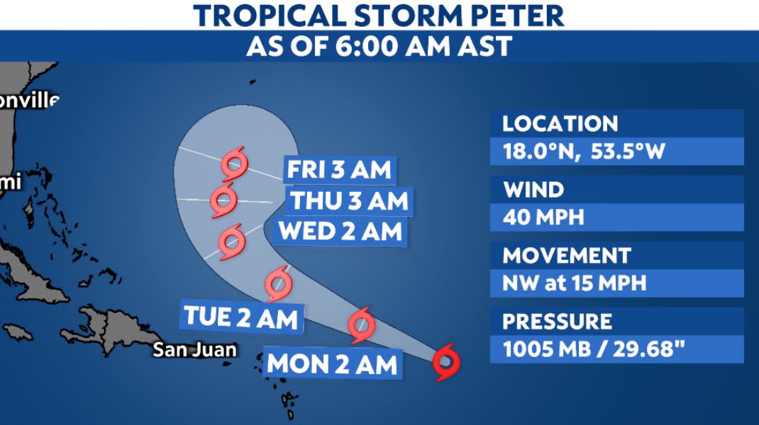 Tropical Storm Peter forms east of the Lesser Antilles