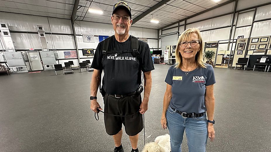 Spectrum Bay News 9 recently met Woody Olasin, left, from Spring Hill in Hernando County to talk about his experience with his service animal Ruby. (Spectrum Bay News 9/Roy De Jesus)