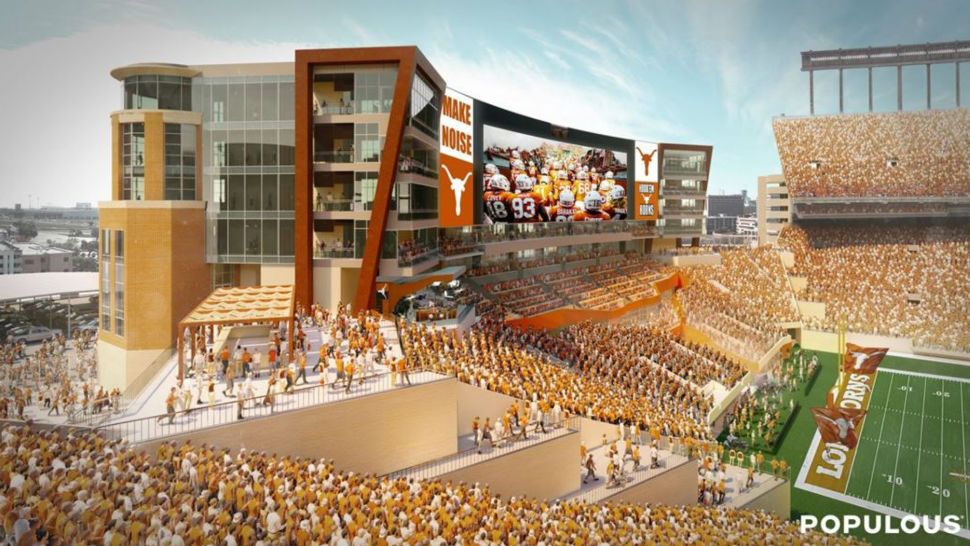 Rendering the Populous' design on the south end zone at DKR Memorial Stadium (Courtesy Populous/University of Texas)