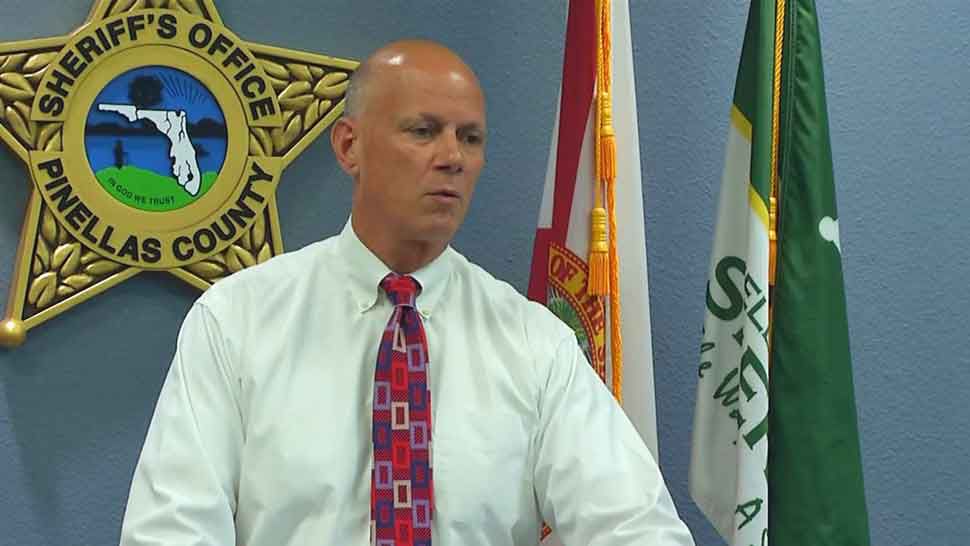 Pinellas County Sheriff Bob Gualtieri speaks to assembled media regarding the arrest of a Pinellas County child protection officer on Friday, Sept. 20, 2019. (Spectrum Bay News 9)