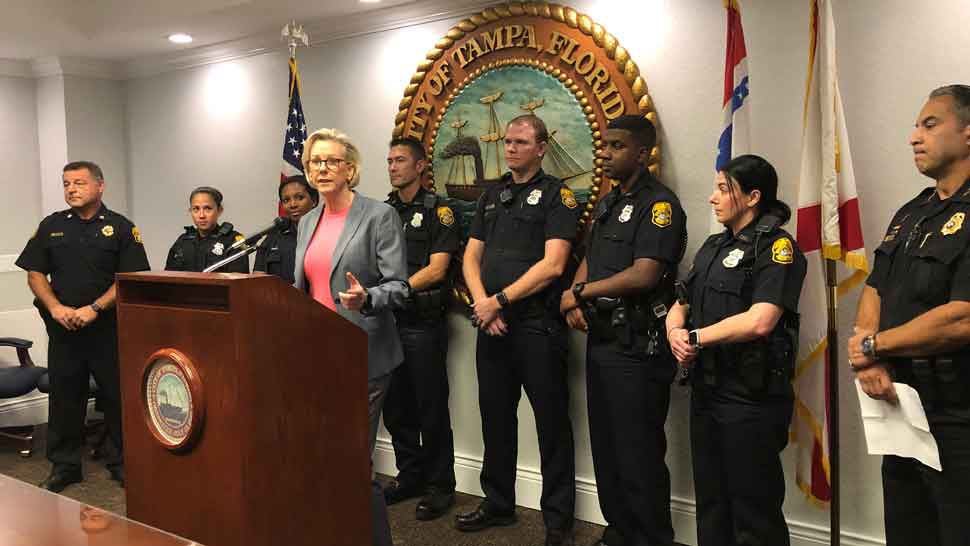 City of Tampa Mayor Jane Castor speaks during a media conference on Friday, Sept. 20, 2019. Castor announced that the city would be expanding its body camera program for police officers thanks in part to a grant from the U.S. Department of Justice. (Laurie Davison/Spectrum Bay News 9)