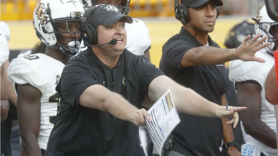 UCF head coach Josh Heupel yells instructions to his team during the second half of an NCAA college football game against Pittsburgh, Saturday, Sept. 21, 2019, in Pittsburgh. (AP Photo/Keith Srakocic)