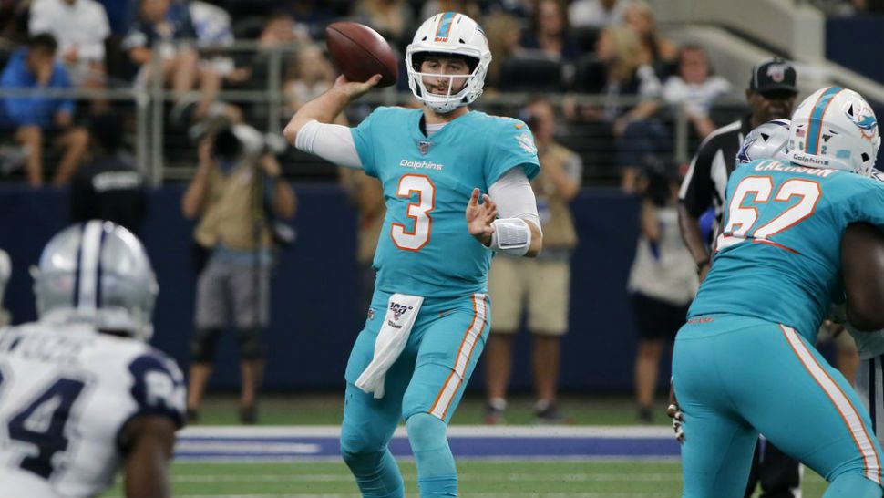 Miami Dolphins quarterback Josh Rosen (3) throws a pass in the second half of an NFL football game against the Dallas Cowboys in Arlington, Texas, Sunday, Sept. 22, 2019. (AP Photo/Michael Ainsworth)