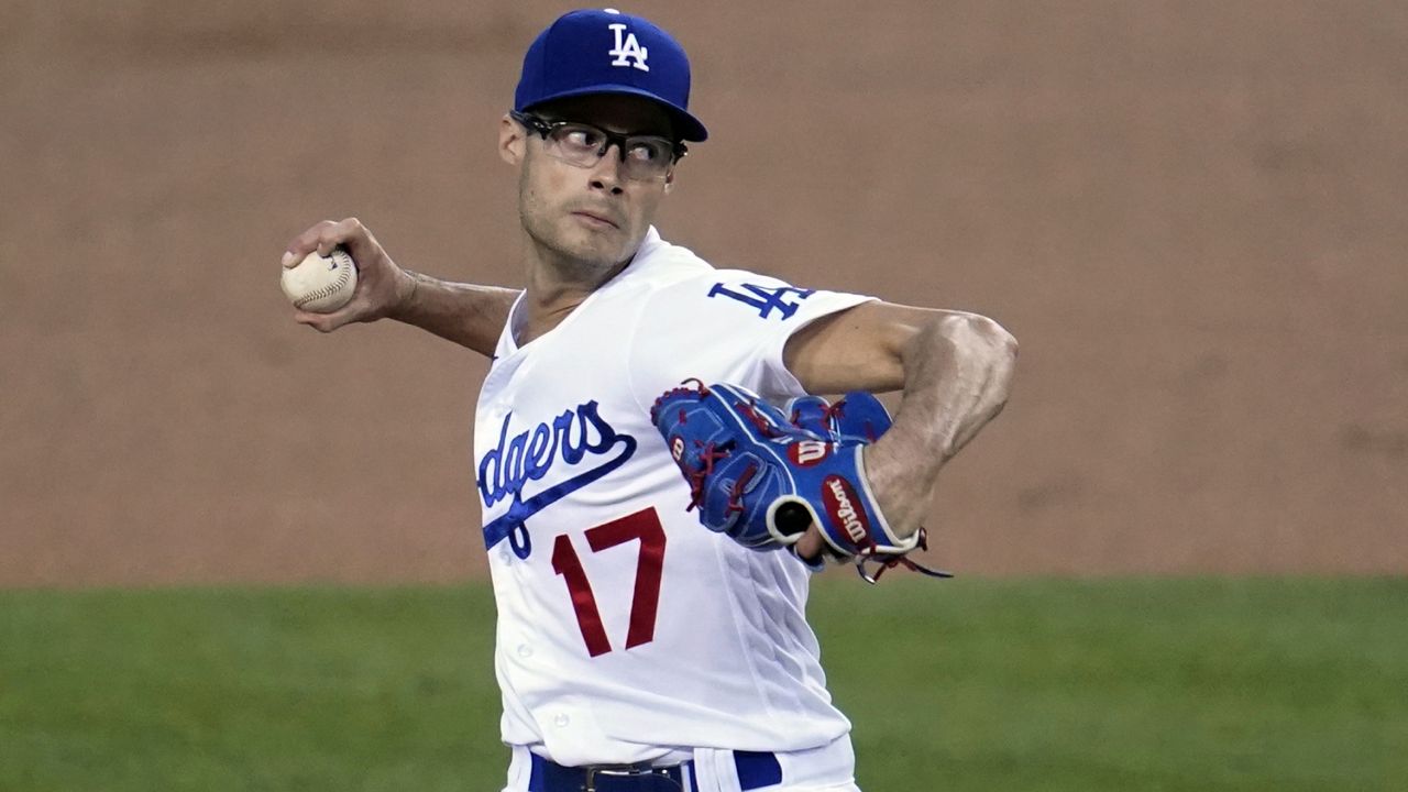 Los Angeles Dodgers starter Joe Kelly throws to an Oakland Athletics batter during the first inning of a baseball game Wednesday, Sept. 23, 2020, in Los Angeles. (AP Photo/Marcio Jose Sanchez)