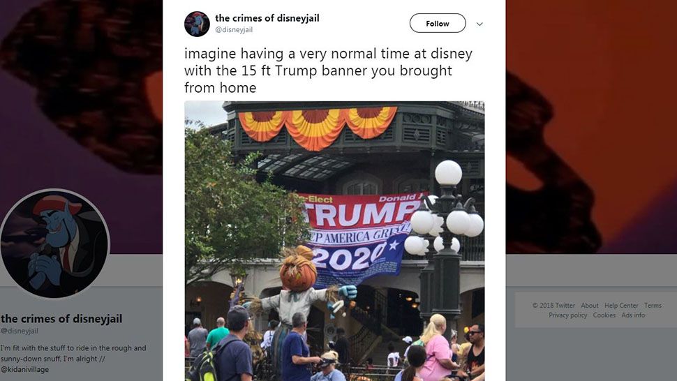 Images and video of Disney World guests holding up a Trump re-election banner at the Magic Kingdom spread on social media Sunday. (Twitter.com/disneyjail)