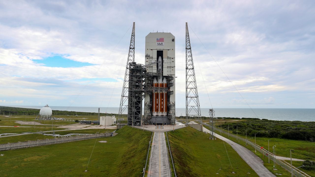 A Delta IV Heavy rocket awaits liftoff at Cape Canaveral Air Force Station on Monday. The rocket will deliver a spy satellite into space for the U.S. Space Force. (United Launch Alliance)