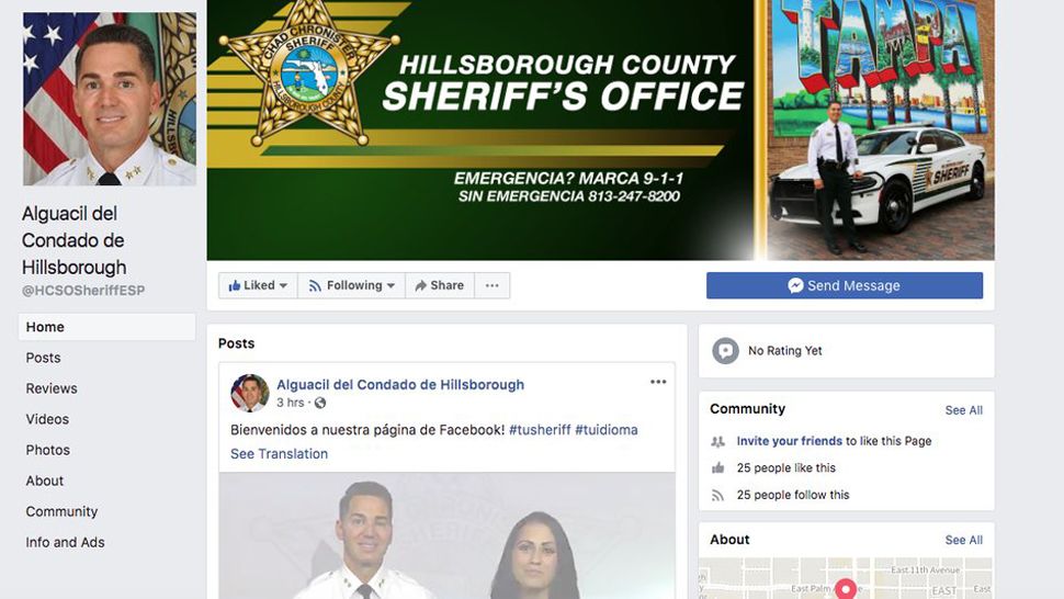 Screen capture of Hillsborough County Sheriff's Office's new Facebook page for Spanish readers.
