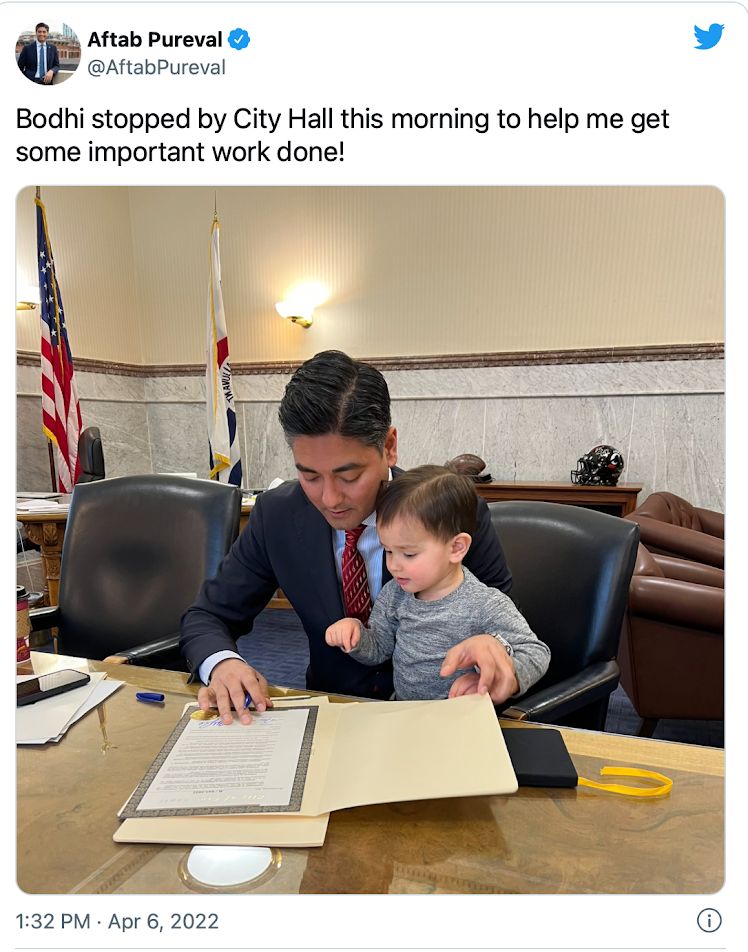 Mayor Pureval posted on Twitter a photo with his son Bodhi at the office.