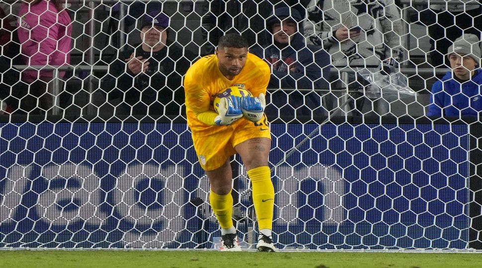 United States goalkeeper Zack Steffen (22) blocks a shot on goal by Costa Rica during the second half of an international friendly soccer match Wednesday, Jan. 22, 2025, in Orlando, Fla. (AP Photo/John Raoux)