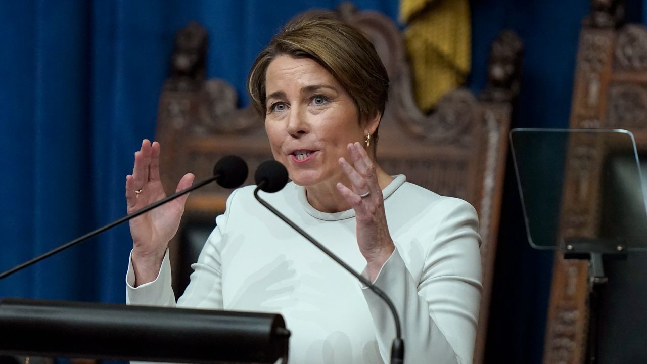 Massachusetts Gov. Maura Healey delivers her inaugural address in the House Chamber at the Statehouse, Thursday, Jan. 5, 2023, in Boston. (AP Photo/Steven Senne)