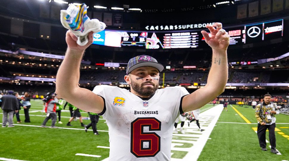 Tampa Bay Buccaneers quarterback Baker Mayfield (6) celebrates as he leaves the field following an NFL football game against New Orleans Saints in New Orleans, Sunday, Oct. 13, 2024. (AP Photo/Michael Conroy)