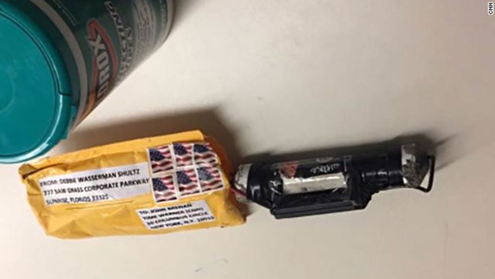 This is the explosive device that was sent to CNN on Wednesday. The return address was from the office of Democratic Rep. Debbie Wasserman Schultz. (New York Police Department)